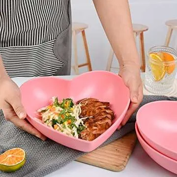 XUEJUN Bamboo Fiber Big Heart-shaped Bowls pink Deep Heart Plates Salad Bowl/Fruit Bowl for Desserts/Pasta/Dinner, 9.7inch