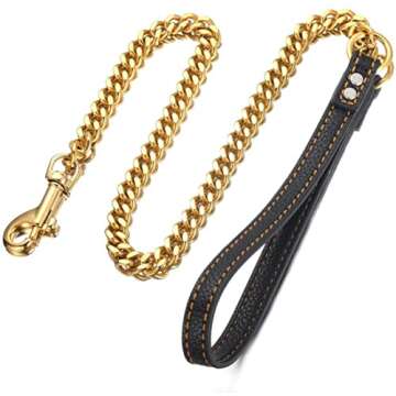 Aiyidi Durable Gold/Silver Dog Chain Leash with Leather Handle