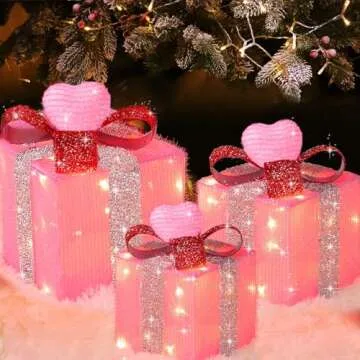 LED Pink Christmas Gift Boxes with Timer and Modes