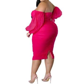 Elegant EDITCOZY Women Plus Size Off Shoulder Mesh Long Sleeve Midi Dress