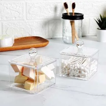 Modern Square Qtip Holder Acrylic Bathroom Vanity Countertop Storage Organizer Canister Jar for Cotton Swabs, Rounds, Balls, Makeup Sponges, Bath Salts - 2 Pack - Clear
