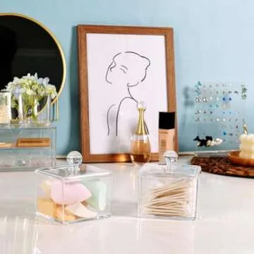 Modern Square Qtip Holder Acrylic Bathroom Vanity Countertop Storage Organizer Canister Jar for Cotton Swabs, Rounds, Balls, Makeup Sponges, Bath Salts - 2 Pack - Clear