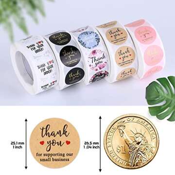 Thank You Small Stickers Rolls, 2500Pcs 1 Inch Thank You for Supporting My Small Business Envelope Seals, 5 Rolls 12 Patterns for Wedding, Birthday, Party Gift Wrap Bag