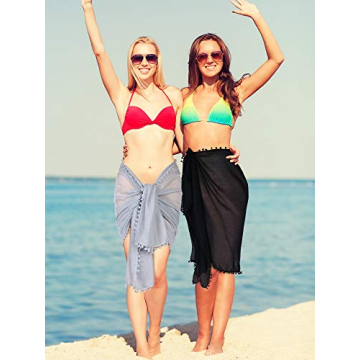 Boao 2 Pieces Women Sarong Coverups Long Sarong Plus Size Beach Wrap with Tassel Chiffon Swimsuit(Black, Grey)