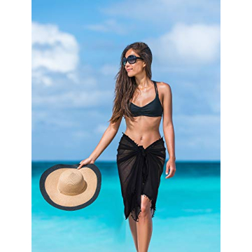 Boao 2 Pieces Women Sarong Coverups Long Sarong Plus Size Beach Wrap with Tassel Chiffon Swimsuit(Black, Grey)
