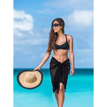 Boao 2 Pieces Women Sarong Coverups Long Sarong Plus Size Beach Wrap with Tassel Chiffon Swimsuit(Black, Grey)