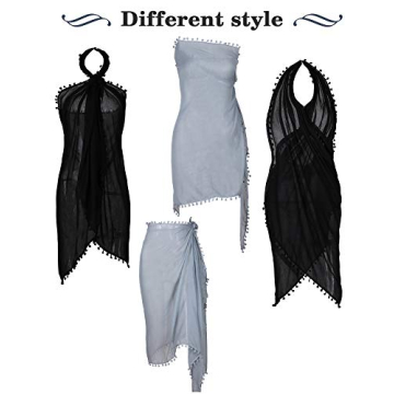 Boao 2 Pieces Women Sarong Coverups Long Sarong Plus Size Beach Wrap with Tassel Chiffon Swimsuit(Black, Grey)