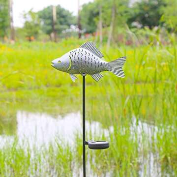 KAIXOXIN Solar Garden Lights Metal Fish Decorative Stake for Outdoor Patio Yard Decorations,Warm Whi...