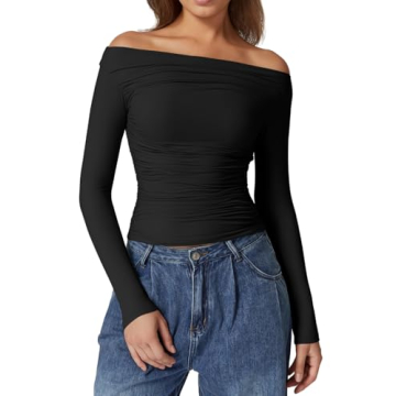 Stylish QINSEN Off Shoulder Crop Top - Long Sleeve Ruched Tee