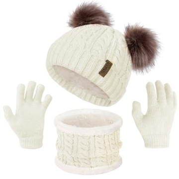 3 Pcs Kids Winter Beanie Hat Scarf Gloves Set for Girls Boys Knit Warm Pompom Toddler Hat Mittens Ne...