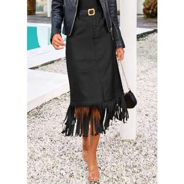 PRETTYGARDEN Women's Metallic Midi Party Skirt Casual High Waisted Fringe Shiny Y2K Long Pencil Skirts Fall Clothes (Black,10)