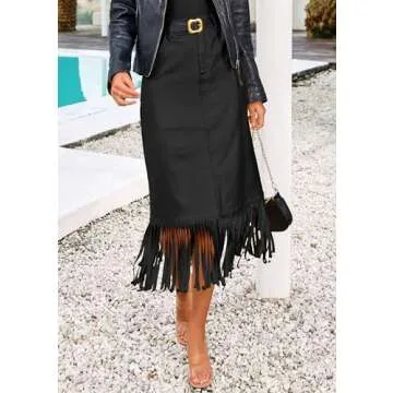 PRETTYGARDEN Women's Metallic Midi Party Skirt Casual High Waisted Fringe Shiny Y2K Long Pencil Skirts Fall Clothes (Black,10)