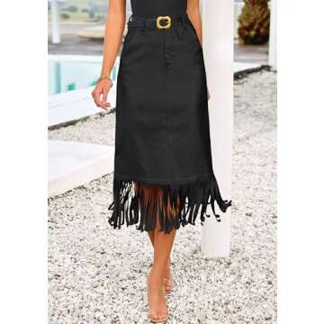 PRETTYGARDEN Women's Metallic Midi Party Skirt Casual High Waisted Fringe Shiny Y2K Long Pencil Skirts Fall Clothes (Black,10)