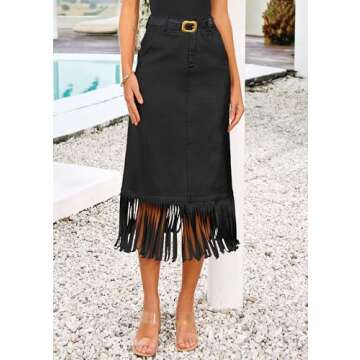 PRETTYGARDEN Women's Metallic Midi Party Skirt Casual High Waisted Fringe Shiny Y2K Long Pencil Skirts Fall Clothes (Black,10)