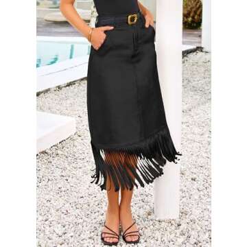 PRETTYGARDEN Women's Metallic Midi Party Skirt Casual High Waisted Fringe Shiny Y2K Long Pencil Skirts Fall Clothes (Black,10)