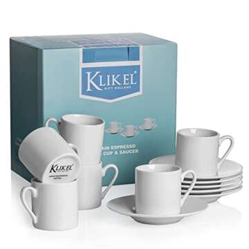 Klikel Espresso Cup And Saucer Set - White Cappuccino Cup - Demitasse Cup - Espresso Mug - Small Coffee Cups For Cuban Coffee or Italian Espresso - Espresso Cups Set Of 6