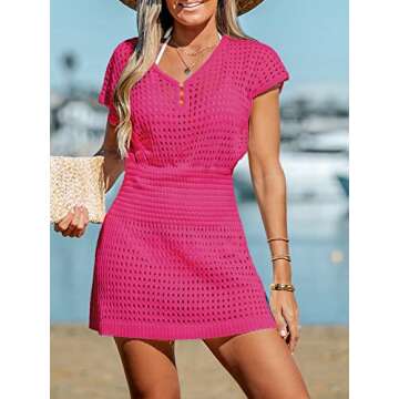 CUPSHE Women Crochet Swim Cover Up Short Sleeve V Neck Bathing Suit Beach Dress Summer Swimwear Coverups Hot Pink, S