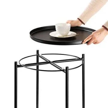 danpinera Small Round Side Table, Metal Side Table with Fabric Storage Basket for Nursery, Living Room, Bedroom, Bathroom, Black