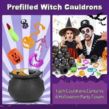 144Pcs Halloween Party Favors for Kids, 18 Prefilled Mini Plastic Witch Cauldron Halloween Goodie Ba...