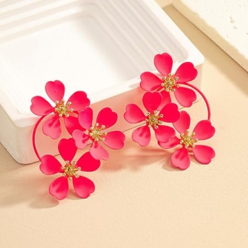 Vintage Camellia Flower Earrings for Women,Exaggerate Metal Camellia Earrings Retro White Yellow Flower Statement Earrings Jewelry (Pink)