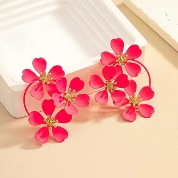 Vintage Camellia Flower Earrings for Women,Exaggerate Metal Camellia Earrings Retro White Yellow Flower Statement Earrings Jewelry (Pink)