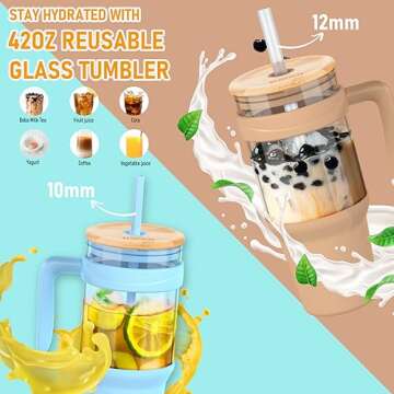 Tronco 40 oz Glass Tumbler with Handle, Reusable Glass Tumbler with Straw and Lid, Iced Coffee Cup with Bamboo Lid, Glass Water Bottles Fit in Cup Holder, Smoothie Cup