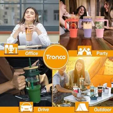 Tronco 40 oz Glass Tumbler with Handle, Reusable Glass Tumbler with Straw and Lid, Iced Coffee Cup with Bamboo Lid, Glass Water Bottles Fit in Cup Holder, Smoothie Cup