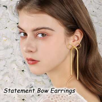 Kesaplan Gold Statement Bow Earrings 925 Sterling Silver Bow Dangly Earrings Cute Sparkly Earrings for Gift