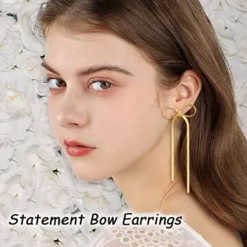 Kesaplan Gold Statement Bow Earrings 925 Sterling Silver Bow Dangly Earrings Cute Sparkly Earrings for Gift