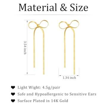 Kesaplan Gold Statement Bow Earrings 925 Sterling Silver Bow Dangly Earrings Cute Sparkly Earrings for Gift