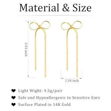 Kesaplan Gold Statement Bow Earrings 925 Sterling Silver Bow Dangly Earrings Cute Sparkly Earrings for Gift