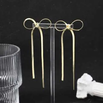 Kesaplan Gold Statement Bow Earrings 925 Sterling Silver Bow Dangly Earrings Cute Sparkly Earrings for Gift