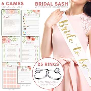 Floral Bridal Shower Games – Set of 6 (50 Cards Each) w/ Bride to Be Sash & 25 Adjustable Silver D...