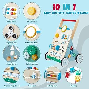 medoga Wooden Baby Walker, 10 in 1 Baby Activity Center Walker Adjustable Wood Toddler Walker Push W...