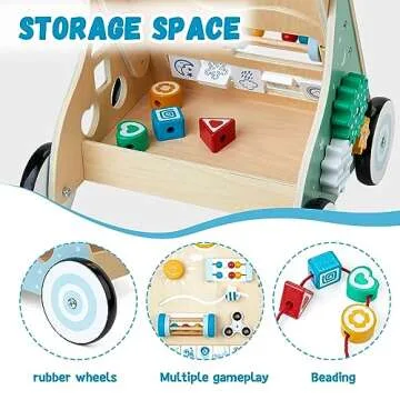 medoga Wooden Baby Walker, 10 in 1 Baby Activity Center Walker Adjustable Wood Toddler Walker Push Walker Toy for Boys and Girls (BW001)