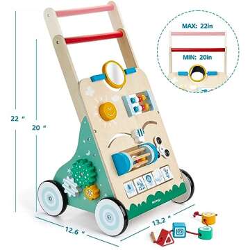 medoga Wooden Baby Walker, 10 in 1 Baby Activity Center Walker Adjustable Wood Toddler Walker Push Walker Toy for Boys and Girls (BW001)