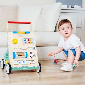 medoga Wooden Baby Walker, 10 in 1 Baby Activity Center Walker Adjustable Wood Toddler Walker Push Walker Toy for Boys and Girls (BW001)