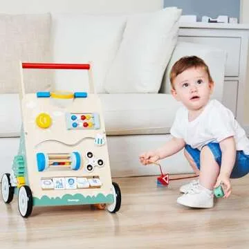 medoga Wooden Baby Walker, 10 in 1 Baby Activity Center Walker Adjustable Wood Toddler Walker Push Walker Toy for Boys and Girls (BW001)