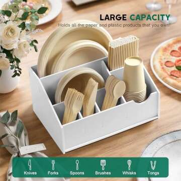 MUTUALUS Paper Plate Holders, Paper Plate Dispenser with 7 Compartments for Plate, Cup, Fork, Spoon, Utensil Caddy and Plate Organizer for Party, Camping, Picnic, Kitchen