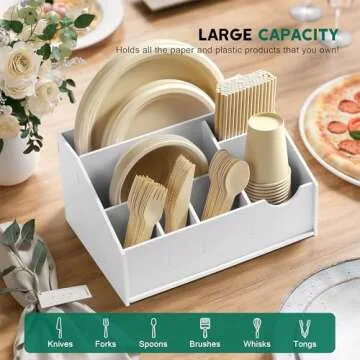 MUTUALUS Paper Plate Holders, Paper Plate Dispenser with 7 Compartments for Plate, Cup, Fork, Spoon, Utensil Caddy and Plate Organizer for Party, Camping, Picnic, Kitchen