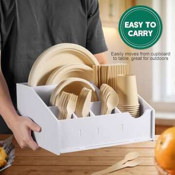 MUTUALUS Paper Plate Holders, Paper Plate Dispenser with 7 Compartments for Plate, Cup, Fork, Spoon, Utensil Caddy and Plate Organizer for Party, Camping, Picnic, Kitchen