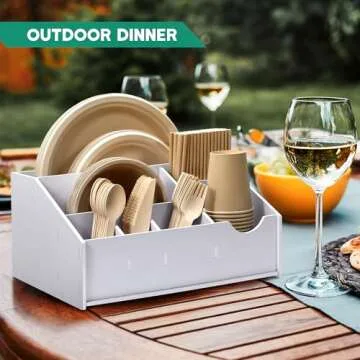 MUTUALUS Paper Plate Holders, Paper Plate Dispenser with 7 Compartments for Plate, Cup, Fork, Spoon, Utensil Caddy and Plate Organizer for Party, Camping, Picnic, Kitchen