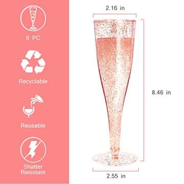 MR.FOAM Disposable Champagne Flutes,6PC Rose Gold Glitter Plastic Champagne Glasses for Parties Plas...