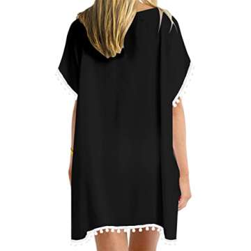 Yincro Women's Pom Poms Beach Bathing Suit Cover Up for Swimwear (Black, 1X-2X)