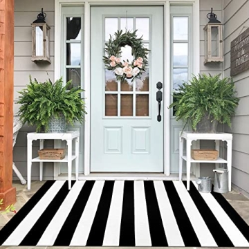 IOHOUZE Black White Striped Rug - 4x6 Front Door Mats Outdoor, Washable Rug for Front Porch Decor, D...