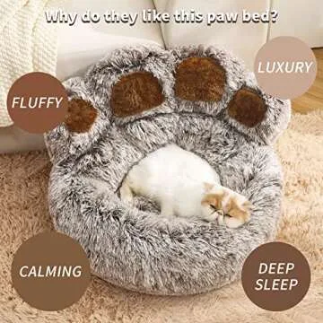 Jiupety Pet Round Bed of Paw Shape, Calming Donut Dog Bed for Small Dog, Faux Fur Cat Bed for Cat, Comfortable and Soft, Machine Washable, Medium Size (22"×22"×6"), Gray