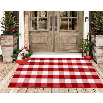 HXJDCL Christmas Front Porch Rug 3' x 5', Red and White Christmas Outdoor Rug Checkered Washable Rug Hand Woven Cotton Welcome Doormat for Layered Doormat Front Porch Decor
