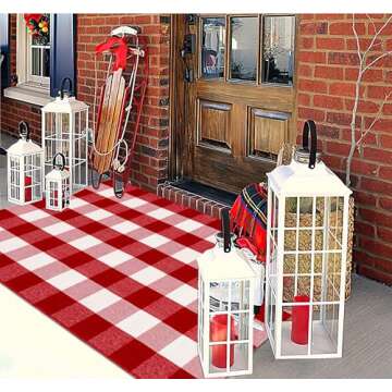 HXJDCL Christmas Front Porch Rug 3' x 5', Red and White Christmas Outdoor Rug Checkered Washable Rug Hand Woven Cotton Welcome Doormat for Layered Doormat Front Porch Decor