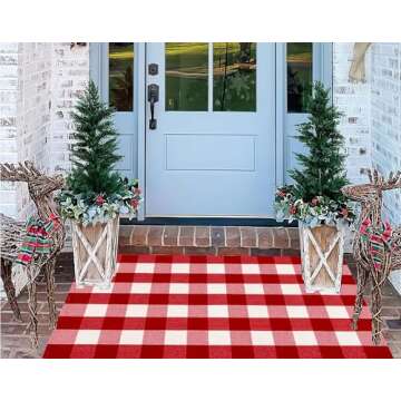 HXJDCL Christmas Front Porch Rug 3' x 5', Red and White Christmas Outdoor Rug Checkered Washable Rug Hand Woven Cotton Welcome Doormat for Layered Doormat Front Porch Decor