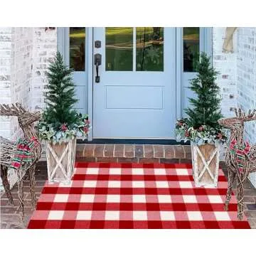 HXJDCL Christmas Front Porch Rug 3' x 5', Red and White Christmas Outdoor Rug Checkered Washable Rug Hand Woven Cotton Welcome Doormat for Layered Doormat Front Porch Decor